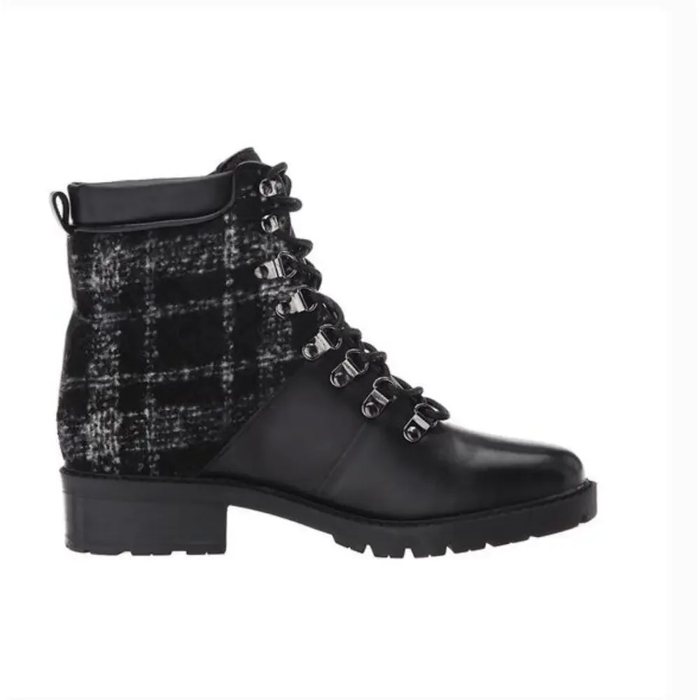 Marc Fisher Lanzia Combat Leather Boots 13 Black NWT Plaid Academia Prep Y2K 90s